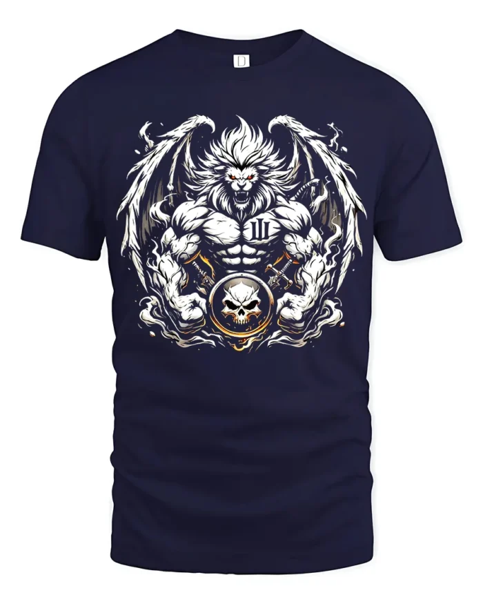 Warrior Lion T-Shirt Muscular Lion Skull Design - navy t-shirt on white background