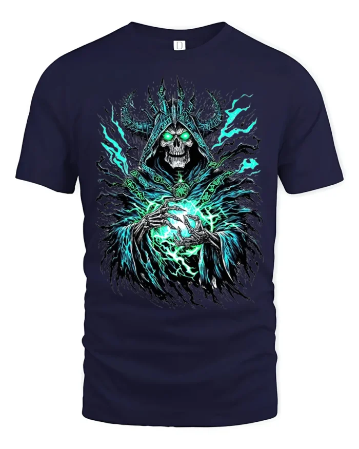 Necromancer Eerie Green Skull Sorcerer - navy t-shirt on white background