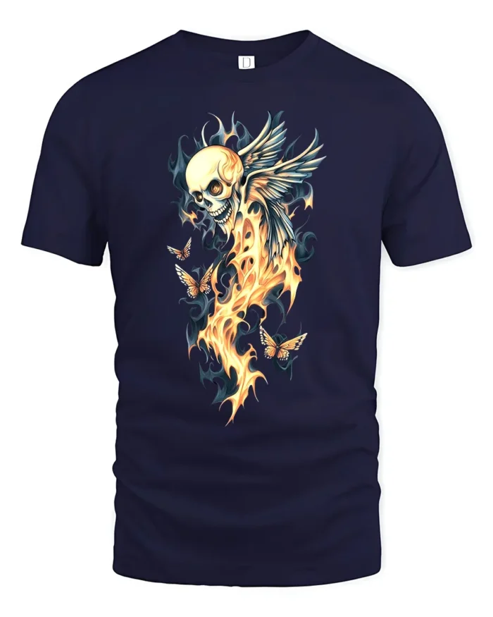 Winged Skull Fire Ethereal Skull Butterfly T-Shirt - navy t-shirt on white background