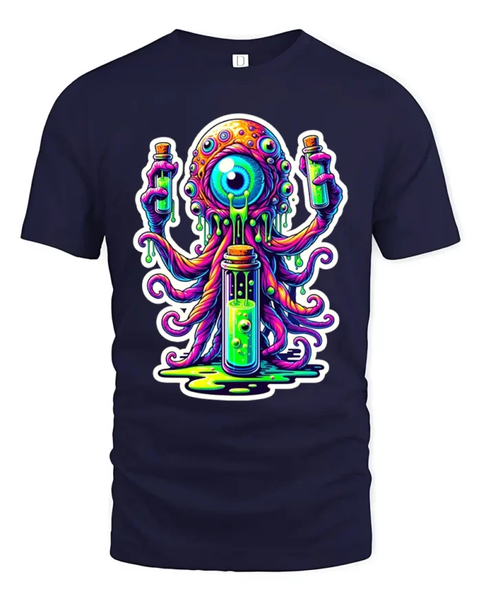 Neon Alien Brain Trippy Monster Glow Monster T-Shirt - navy t-shirt on white background