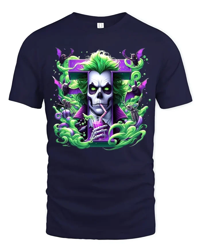 Creepy Joker Halloween Villain Skull Shirt - navy t-shirt on white background