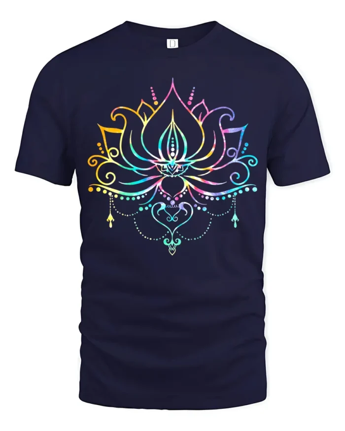 Rainbow Lotus Colorful Yoga Flower Zen T-Shirt - navy t-shirt on white background
