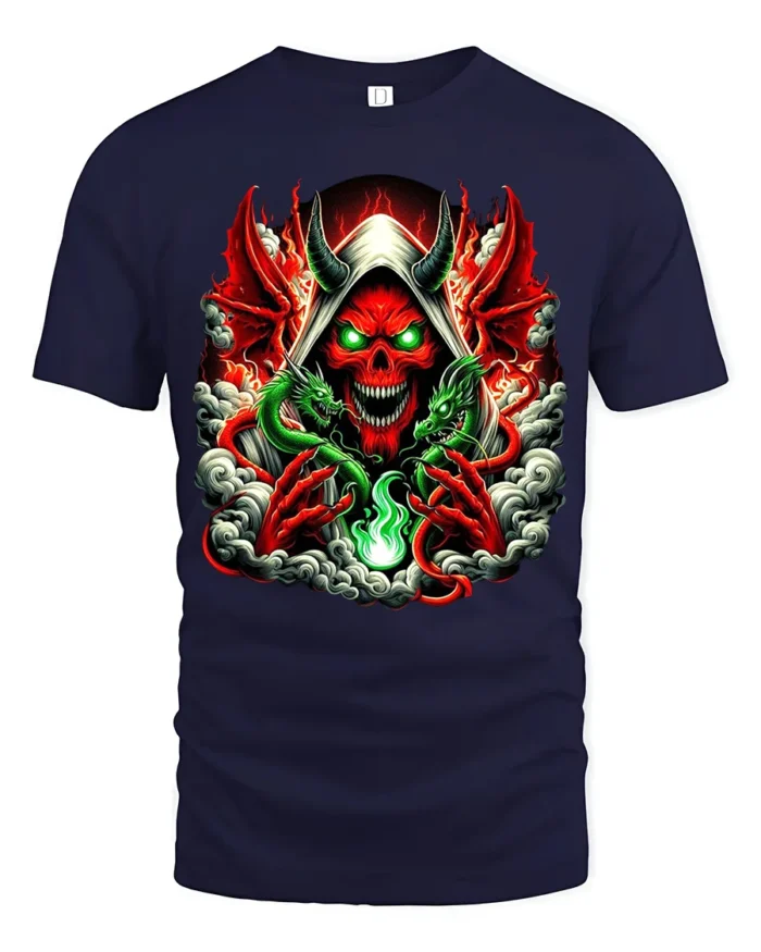Infernal Skull T-Shirt Red Demon Green Dragon - navy t-shirt on white background
