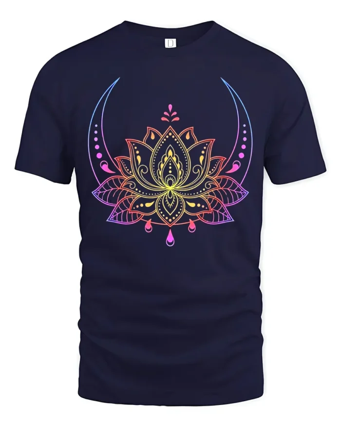 Celestial Lotus T-Shirt Moon Phase Yoga Zen - navy t-shirt on white background