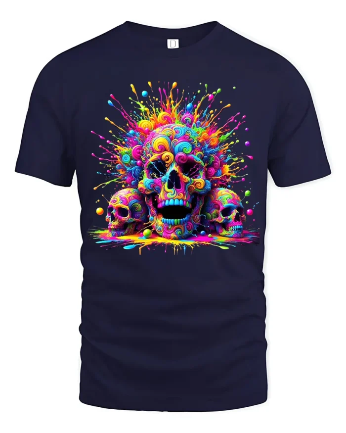 Rainbow Skull T-Shirt Vibrant Splatter Skull - navy t-shirt on white background