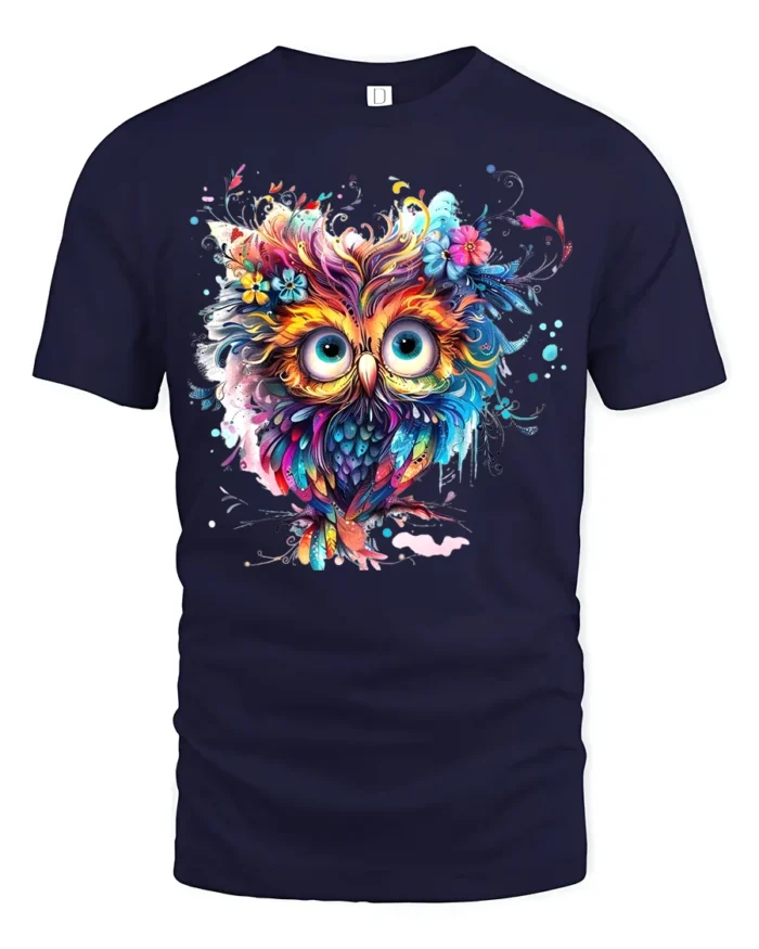 Vibrant Floral Owl Bohemian Style Colorful Bird T-Shirt for Nature Lovers - navy t-shirt on white background
