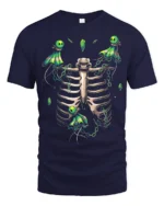 Mystic Skeleton Spirits Chained Glowing Ghosts and Ribcage Graphic Shirt - navy t-shirt on white background