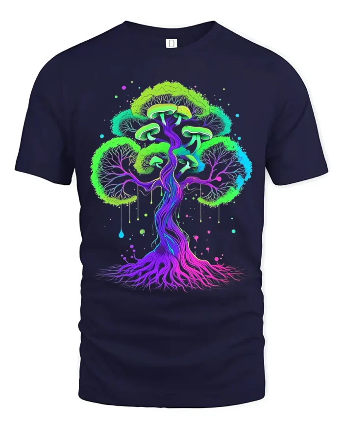 Neon Psychedelic Mushroom Tree Vibrant Trippy Fungi Forest T-Shirt - navy t-shirt on white background
