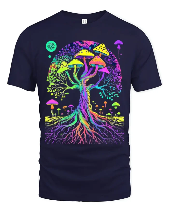 Psychedelic Shroom Tree Colorful Fungi T-Shirt - navy t-shirt on white background