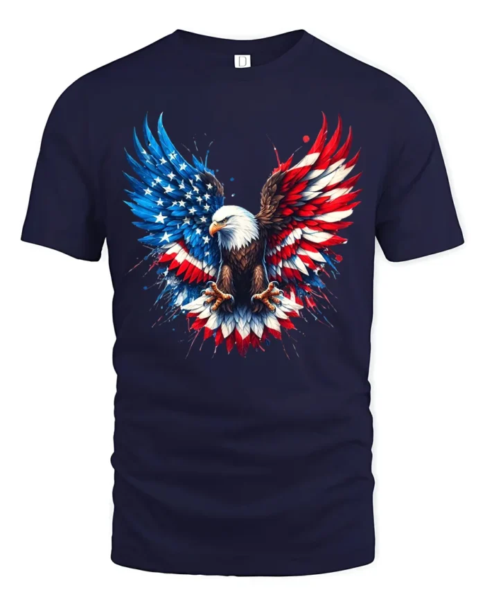 American Eagle Wings Patriotic USA Flag T-Shirt - navy t-shirt on white background