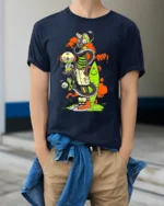 Surreal Monster Stack Funny Cartoon Art T-Shirt - model wearing navy shirt, hands in pockets