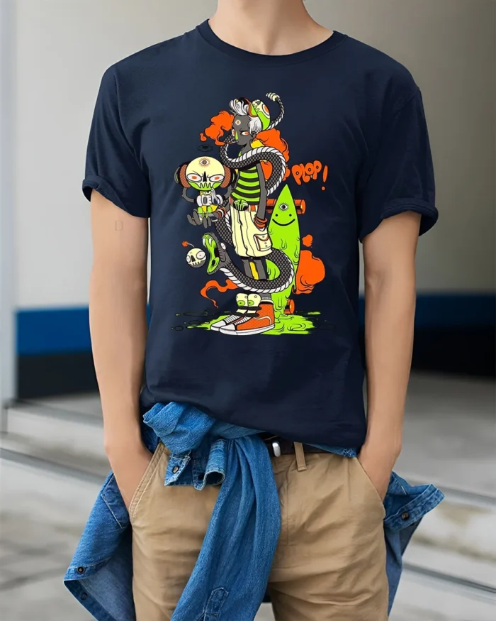 Surreal Monster Stack Funny Cartoon Art T-Shirt - model wearing navy shirt, hands in pockets