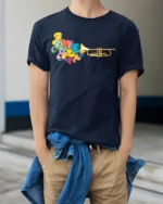 Trumpet Music Colorful Jazz Lover T-Shirt - model wearing navy shirt, hands in pockets