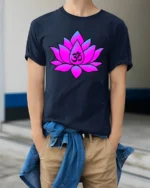 Meditation Lotus T-Shirt Om Symbol Yoga Zen - model wearing navy shirt, hands in pockets