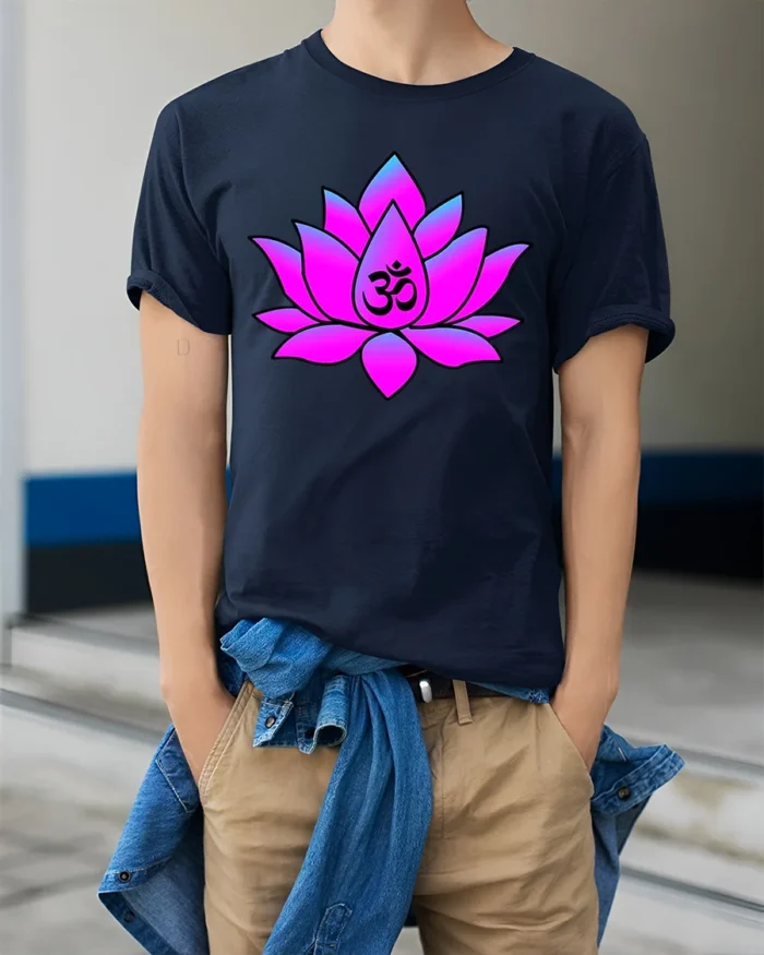 Meditation Lotus T-Shirt Om Symbol Yoga Zen - model wearing navy shirt, hands in pockets