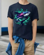 Galaxy Shark Cosmic Space Predator T-Shirt - model wearing navy shirt, hands in pockets