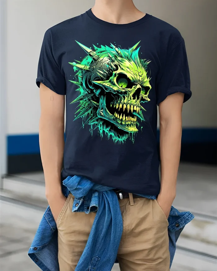Radioactive Skull T-Shirt Edgy Green Skull - model wearing navy shirt, hands in pockets