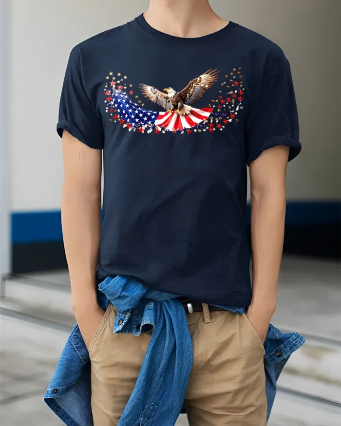 American Eagle T-Shirt Stars and Stripes - model wearing navy shirt, hands in pockets