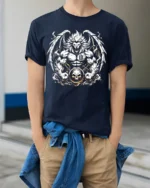 Warrior Lion T-Shirt Muscular Lion Skull Design - model wearing navy shirt, hands in pockets