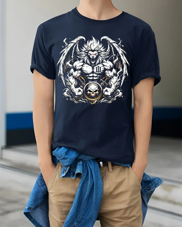 Warrior Lion T-Shirt Muscular Lion Skull Design - model wearing navy shirt, hands in pockets