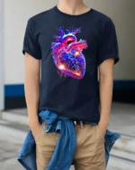 Neon Heart Vibrant Anatomical Love T-Shirt - model wearing navy shirt, hands in pockets