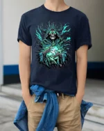 Necromancer Eerie Green Skull Sorcerer - model wearing navy shirt, hands in pockets
