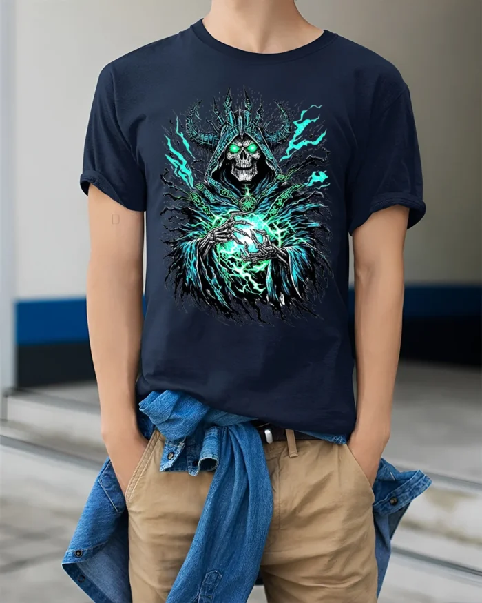 Necromancer Eerie Green Skull Sorcerer - model wearing navy shirt, hands in pockets