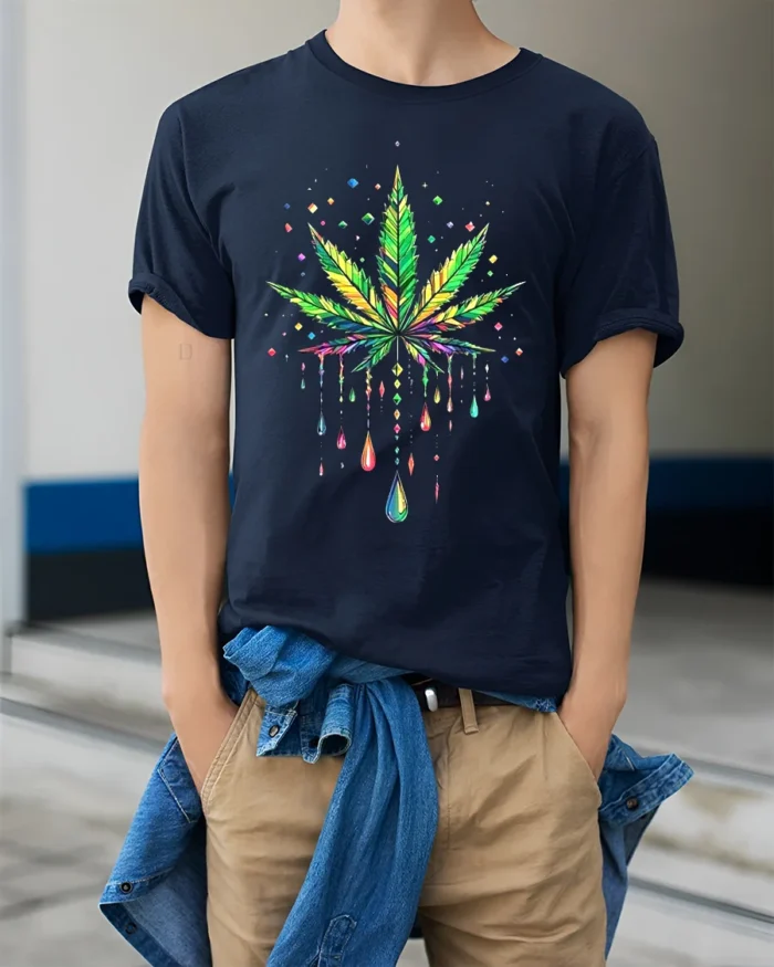 Psychedelic Leaf Colorful Marijuana T-Shirt - model wearing navy shirt, hands in pockets