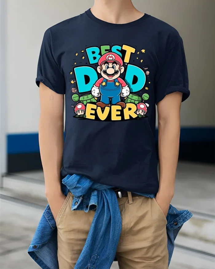 Retro Dad Gamer Best Dad Ever Mario Now - model wearing navy shirt, hands in pockets