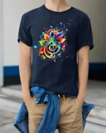 Rainbow Music Colorful Treble Clef Shirt - model wearing navy shirt, hands in pockets