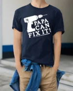 Papa Fix It Funny Dad Repair T-Shirt Gift - model wearing navy shirt, hands in pockets