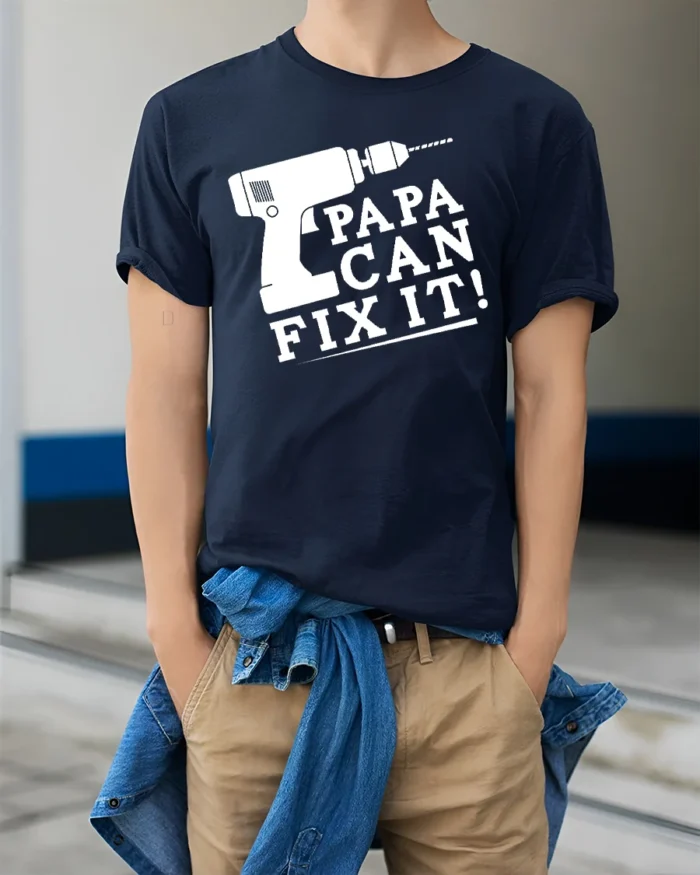 Papa Fix It Funny Dad Repair T-Shirt Gift - model wearing navy shirt, hands in pockets