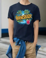 Hornesbuger Beach Tropical Vacation T-Shirt - model wearing navy shirt, hands in pockets