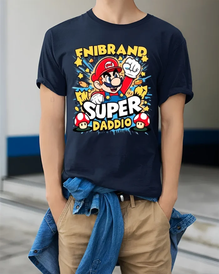 Video Game Dad T-Shirt Super Daddio Mario - model wearing navy shirt, hands in pockets
