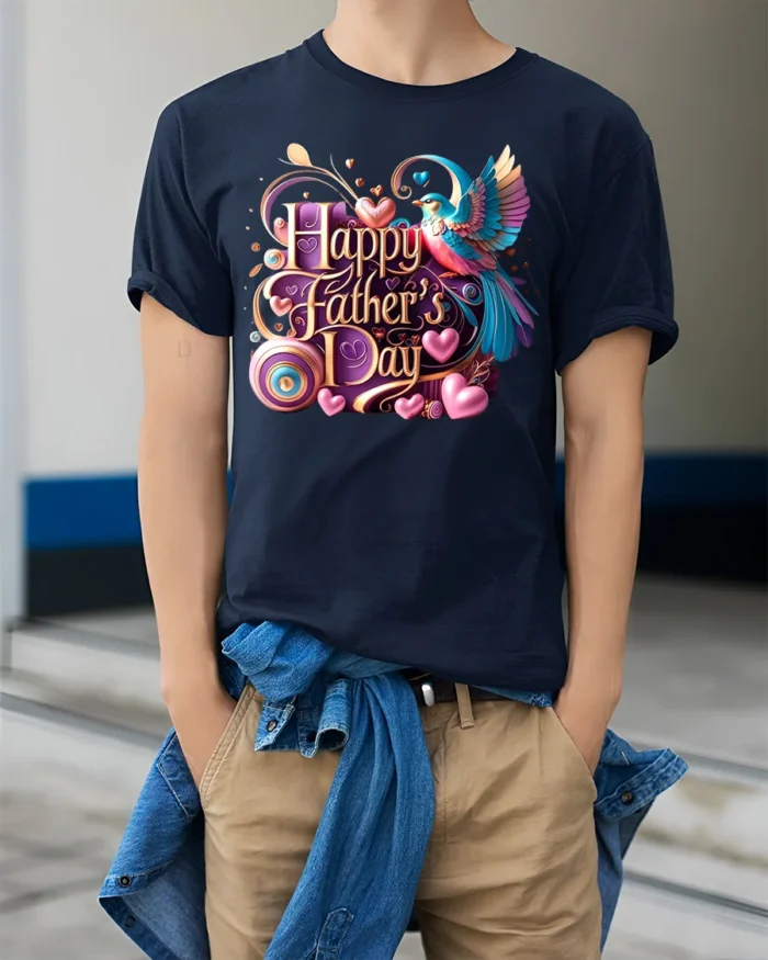 Love Dad T-Shirt Father’s Day Bird Heart - model wearing navy shirt, hands in pockets
