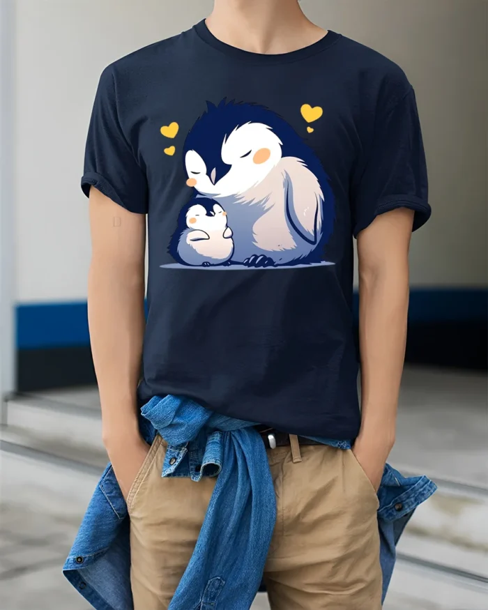 Loving Penguin T-Shirt Heartfelt Family - model wearing navy shirt, hands in pockets