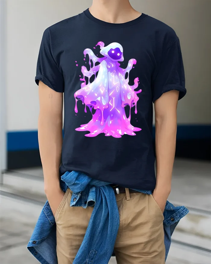 Glow Slime Cool Purple Creature T-Shirt - model wearing navy shirt, hands in pockets