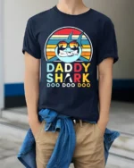 Daddy Shark Doo Fun Father Shark Shirt Now - model wearing navy shirt, hands in pockets