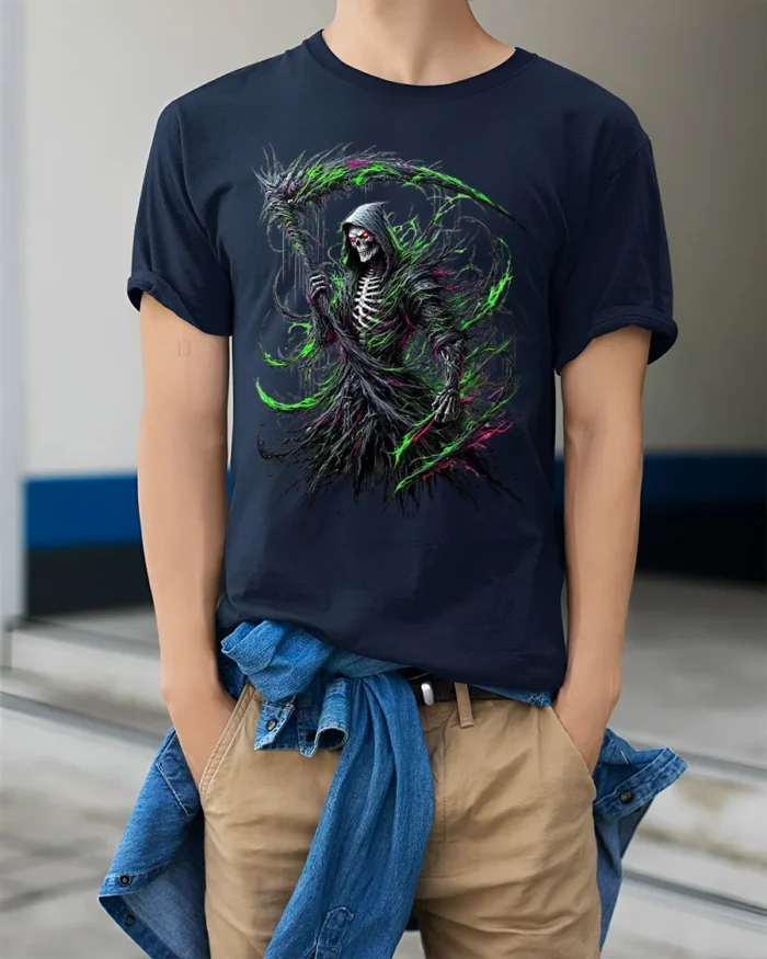 Toxic Death T-Shirt Radioactive Grim Reaper - model wearing navy shirt, hands in pockets