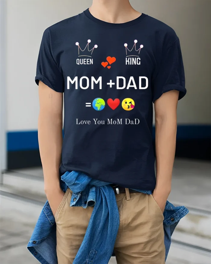 Queen King Mom Dad Family Love T-Shirt Gift - model wearing navy shirt, hands in pockets