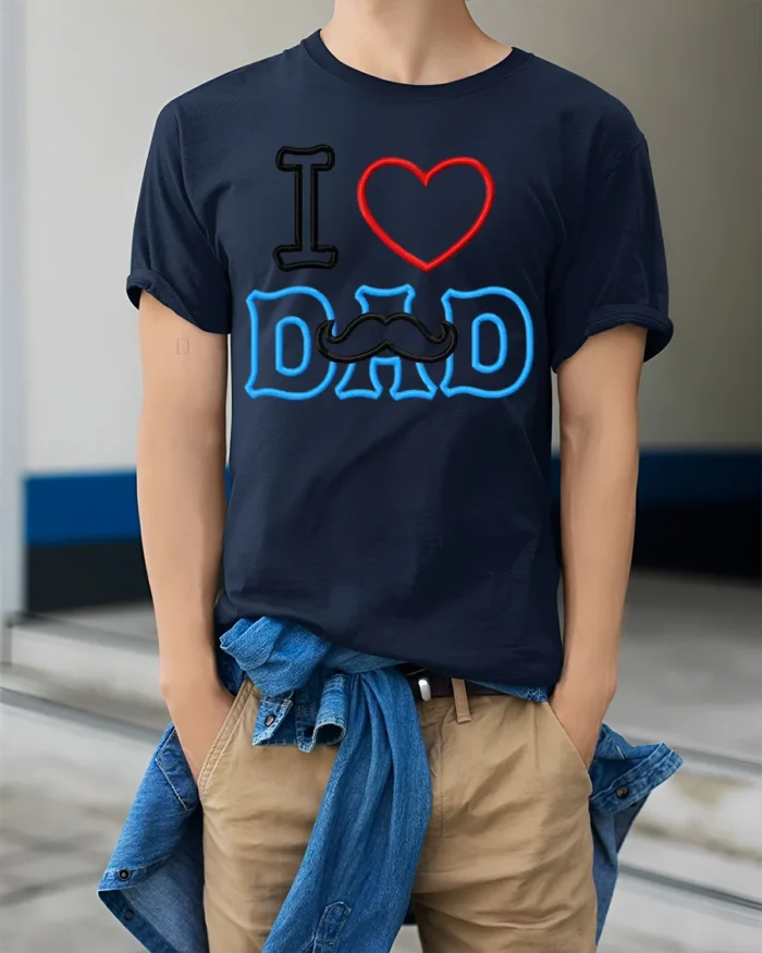 I Love Dad Mustache Funny Father’s Day Shirt - model wearing navy shirt, hands in pockets