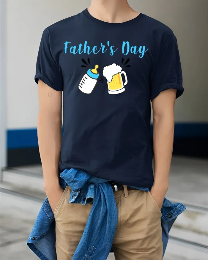 First Father’s Day Baby Bottle Beer Dad Shirt - model wearing navy shirt, hands in pockets