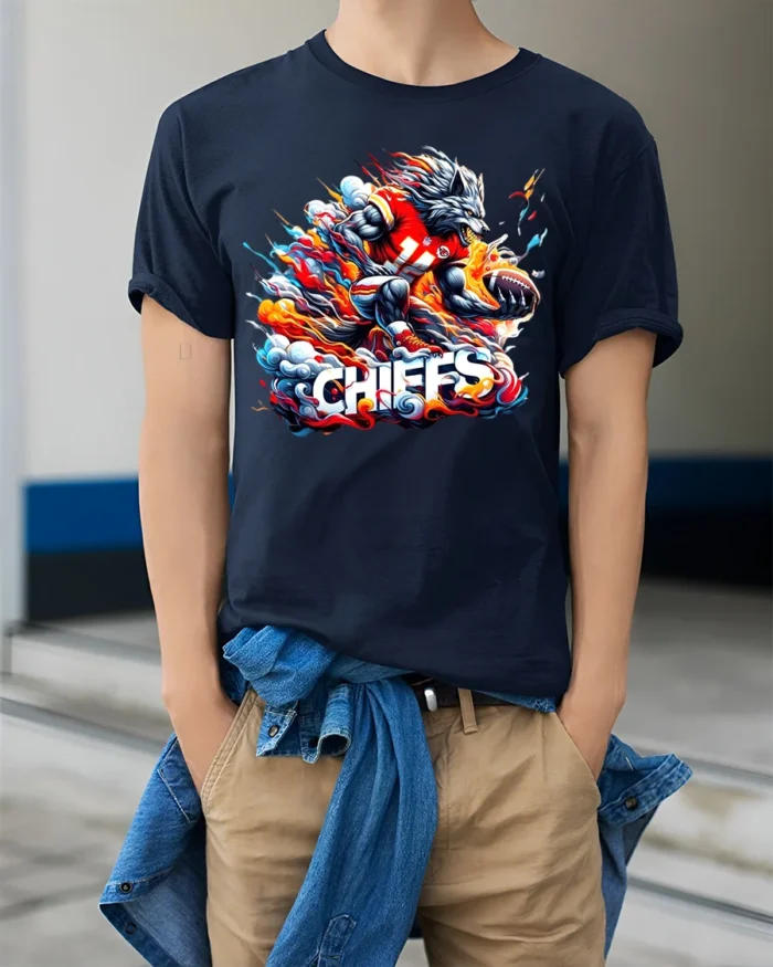 Wild Chiefs Wolf Football Fan Shirt - model wearing navy shirt, hands in pockets