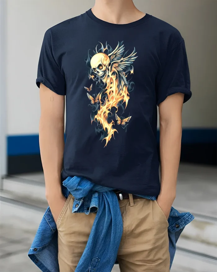 Winged Skull Fire Ethereal Skull Butterfly T-Shirt - model wearing navy shirt, hands in pockets