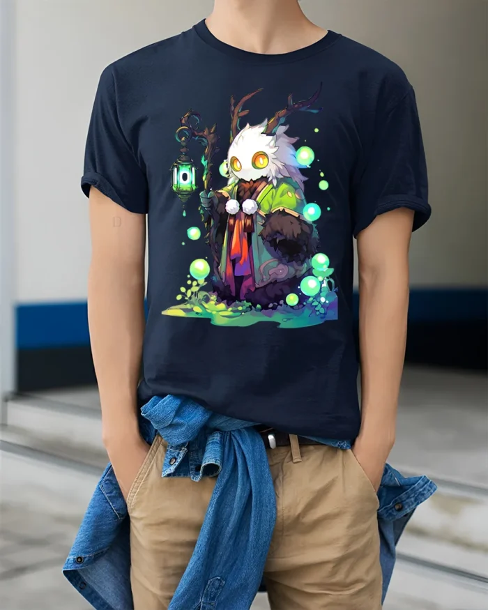 Enchanted Creature Forest Spirit Glow Eye Antler Tee - model wearing navy shirt, hands in pockets