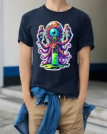Neon Alien Brain Trippy Monster Glow Monster T-Shirt - model wearing navy shirt, hands in pockets
