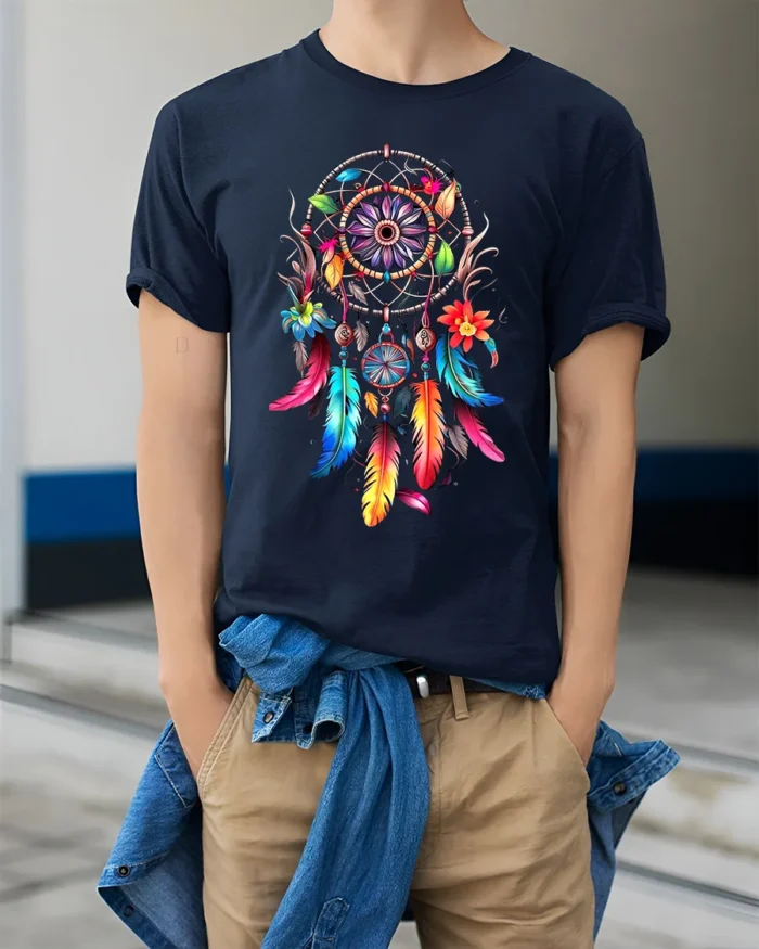 Spirit Catcher Colorful Native American Shirt - model wearing navy shirt, hands in pockets