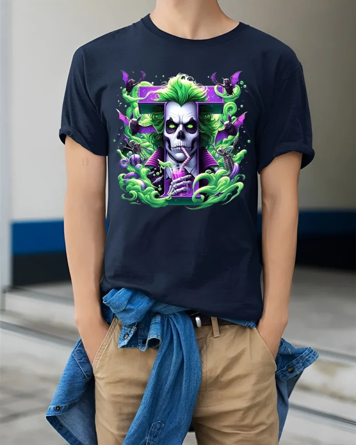 Creepy Joker Halloween Villain Skull Shirt - model wearing navy shirt, hands in pockets