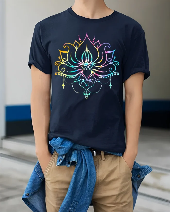 Rainbow Lotus Colorful Yoga Flower Zen T-Shirt - model wearing navy shirt, hands in pockets