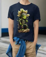Forest Sprite Cute Plant Creature T-Shirt - model wearing navy shirt, hands in pockets